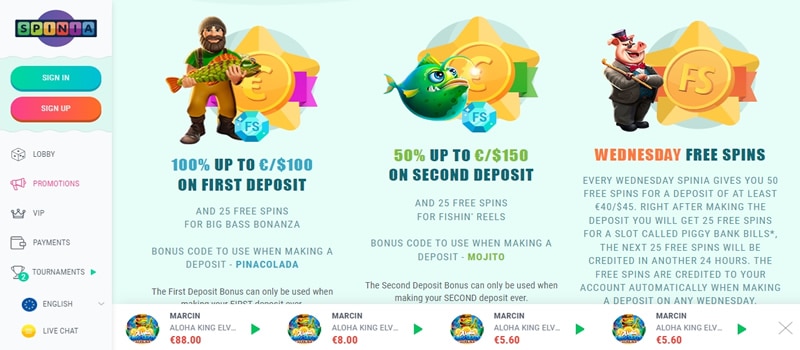 spinia casino bonuses